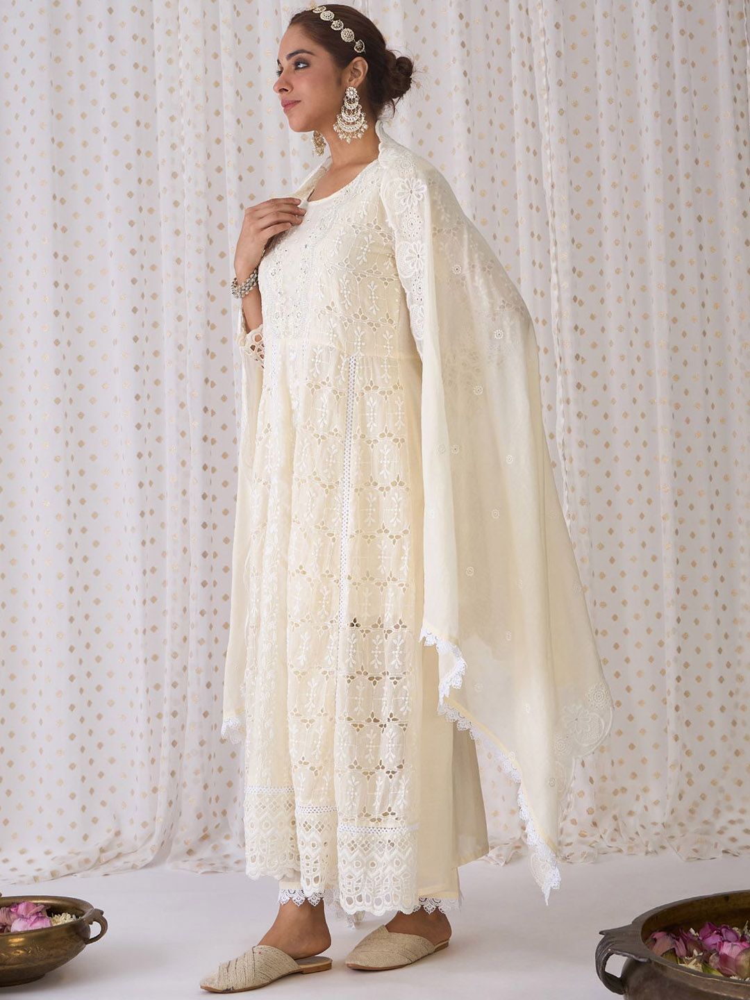 Indyancart IE Embroidered A-Line Mirror Work Pure Cotton Kurta with Trousers & Dupatta