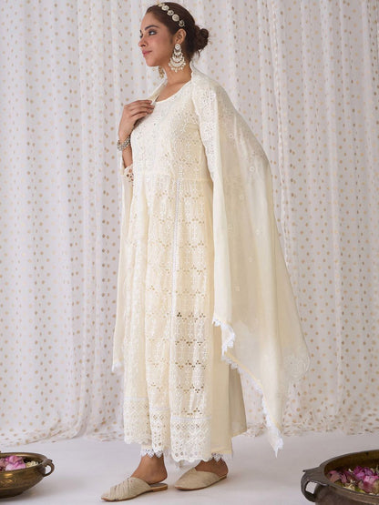 Indyancart IE Embroidered A-Line Mirror Work Pure Cotton Kurta with Trousers & Dupatta