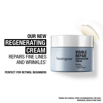 Neutrogena Visible Repair face cream with retinol and peptides, showing the jar of regenerating anti-aging cream with smooth texture.