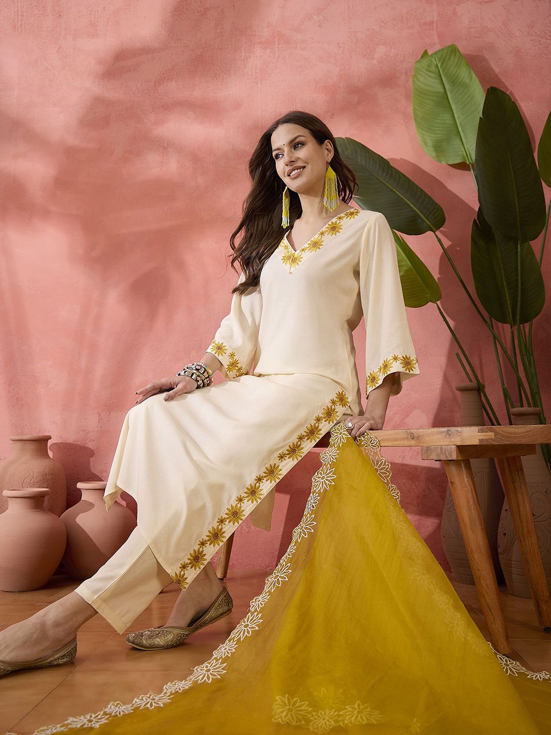 Indyancart SN Women's Cream Floral Embroidered V-Neck Straight Kurta With Trouser And Dupatta