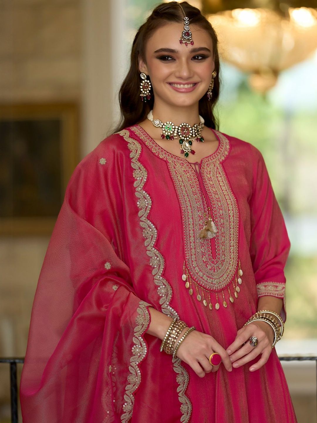Ethnic Motifs Embroidered Notch Neck A-line Kurta With Trousers & Dupatta