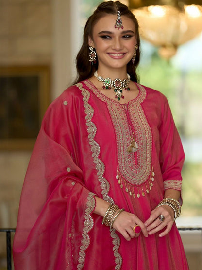 Ethnic Motifs Embroidered Notch Neck A-line Kurta With Trousers & Dupatta