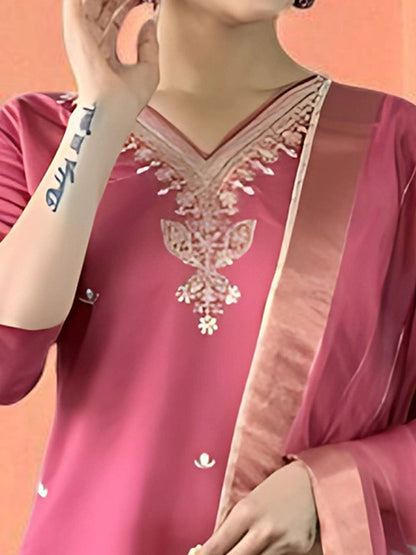 Indyancart SN Women's Embroidered Pure Cotton Straight Kurta With Pyjama & Dupatta
