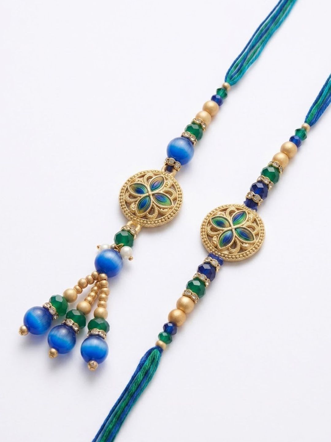 Anouk Set Of 2 Blue Artificial Beads Morpankh Style Bhaiya Bhabhi Rakhi With Roli Chawal