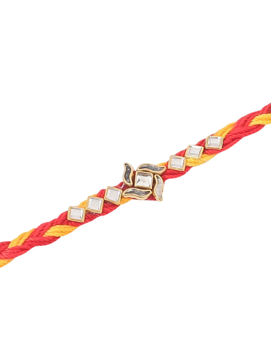 Anouk Men Set Of 3 Red & Yellow Kundan Studded Floral Design Thread Rakhi With Roli Chawal