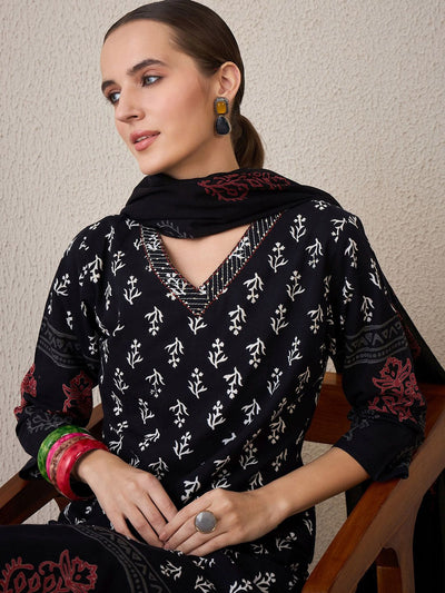 Dhiyona IE Floral Printed V-Neck Pure Cotton Straight Kurta With Trouser & Dupatta