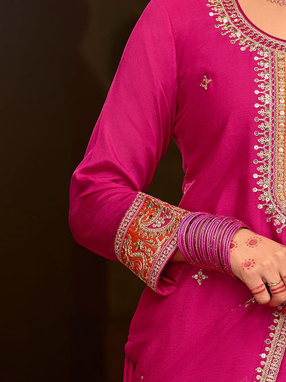 Dhiyona IE Sequinned Embroidered Round Neck Kurta With Palazzos & Dupatta