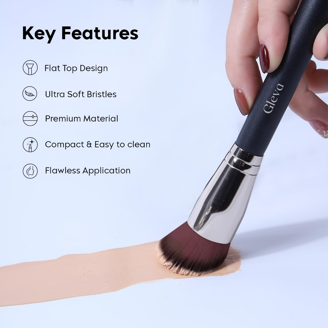 Gleva flat top kabuki makeup brush in black, designed for foundation application, with dense bristles for smooth, even coverage.