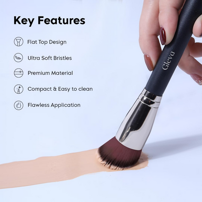 Gleva flat top kabuki makeup brush in black, designed for foundation application, with dense bristles for smooth, even coverage.