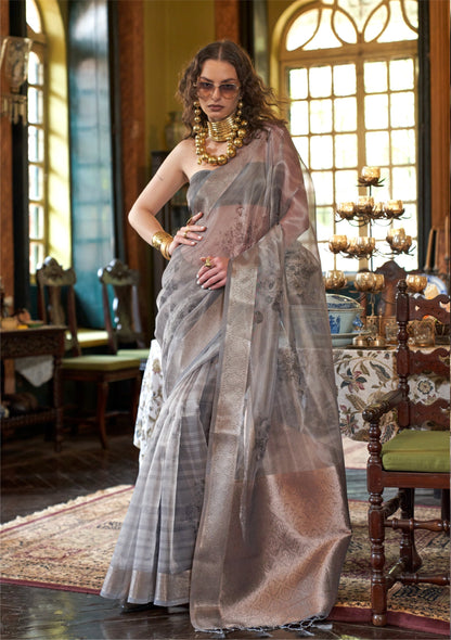Dhiyona GR Women's Essence Smoke Grey Organza Woven Printed Saree