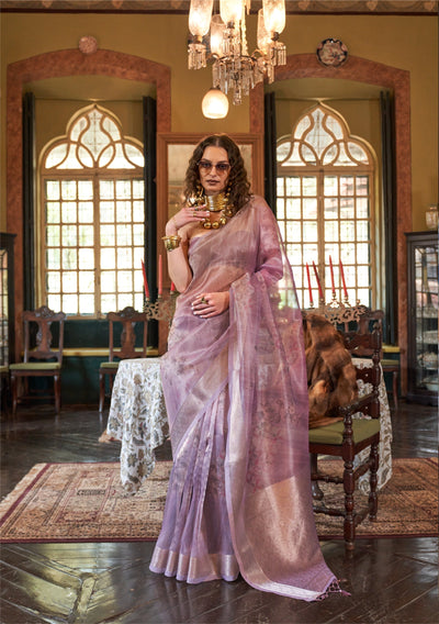Indyancart GR Women's Essence Lilac Organza Woven Printed Saree