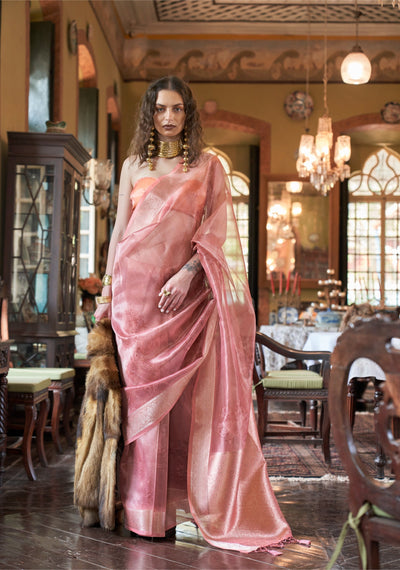 Indyancart GR Women's Essence Carnation Pink Organza Woven Printed Saree