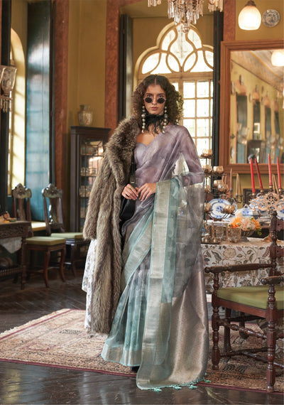 Indyancart GR Women's Essence Teal & Smoke Grey Organza Woven Printed Saree