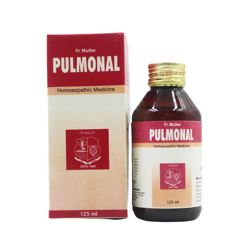 Father Muller Pulmonal Syrup bottle, a homeopathy syrup with a white label and red cap, displayed on a plain background.