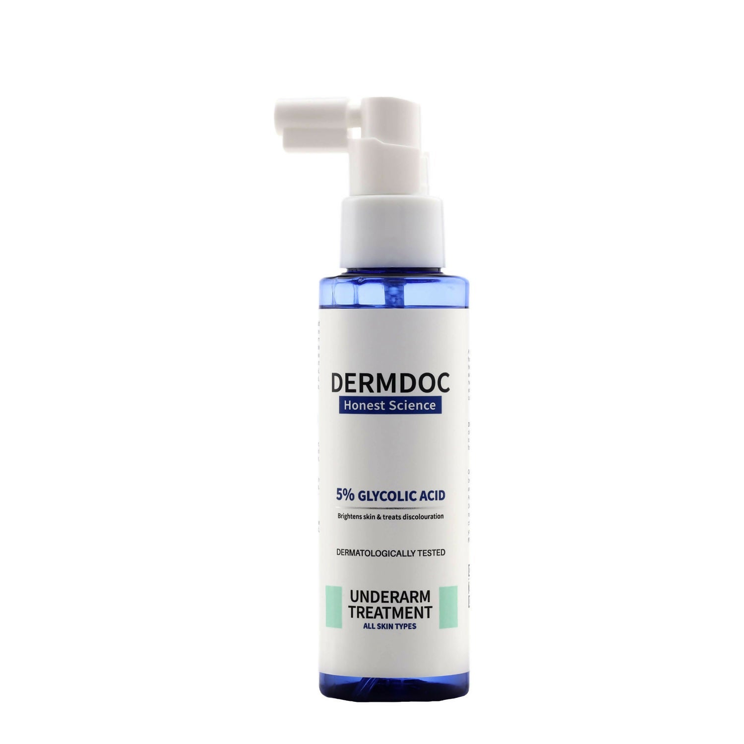Dermdoc 5% Glycolic Acid Under Arm Cream in a white jar with a blue lid, showing the product label and cream texture.