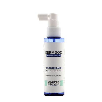 Dermdoc 5% Glycolic Acid Under Arm Cream in a white jar with a blue lid, showing the product label and cream texture.