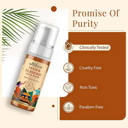 Satthwa Neem & Turmeric Face Wash serum for acne and pimples, featuring natural ingredients, shown in a sleek bottle.