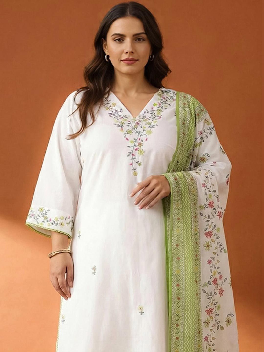 Indyancart Women's Floral Embroidered Regular Thread Work Pure Cotton Kurta with Trousers & With Dupatta