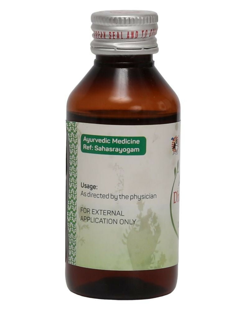 Amrita Dhanwantaram Ayurvedic Thailam in a glass bottle with dropper, traditional herbal oil for holistic wellness.