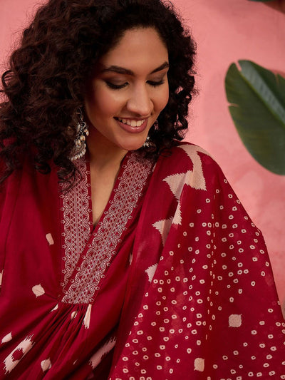 Indyancart SN Women's Geometric Printed V-Neck Pleated Pure Cotton A-Line Kurta With Trouser And Dupatta