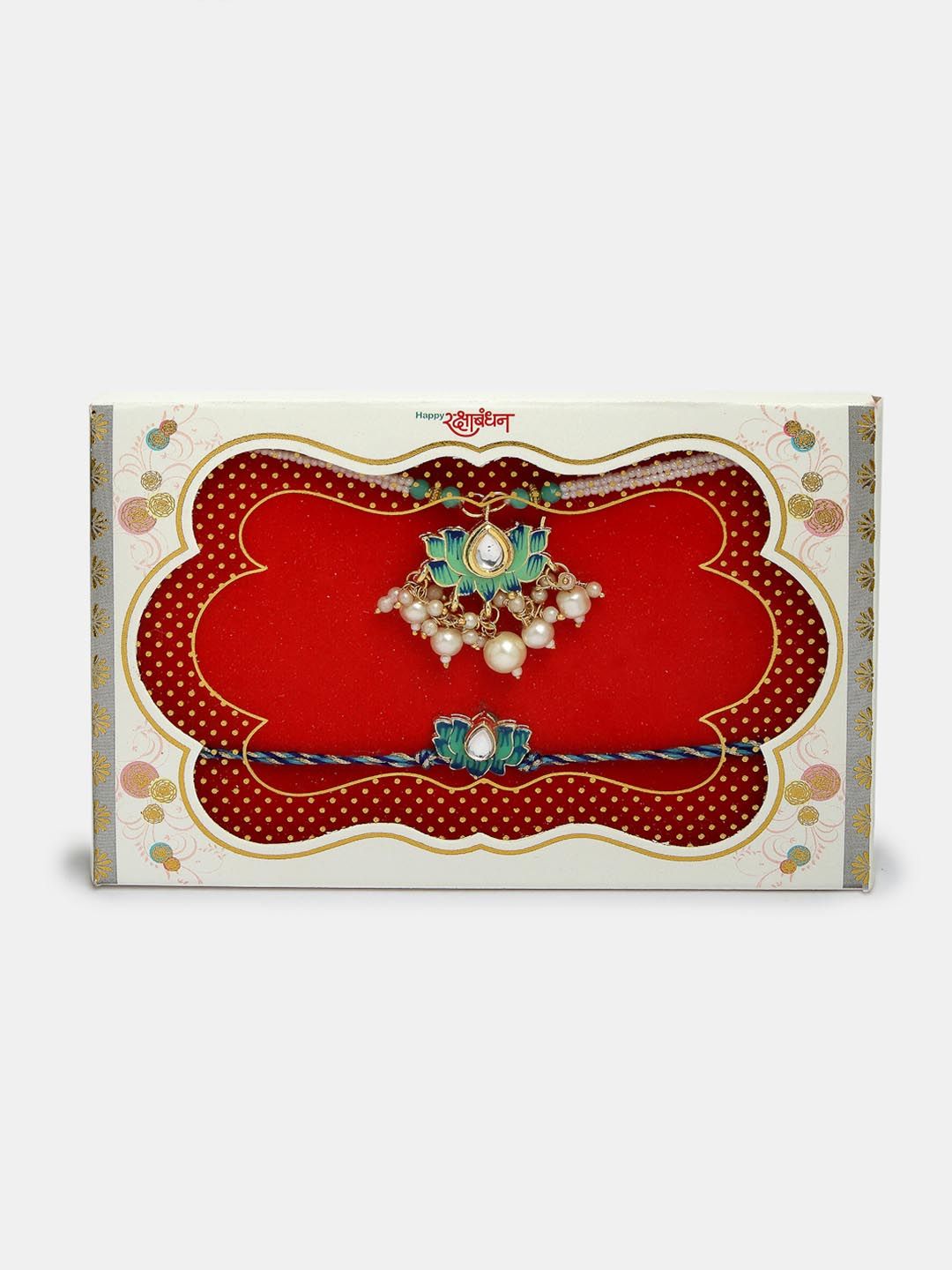 Anouk Unisex Set Of 2 Turquoise Blue Lotus Shape Kundan-Studded Handcrafted Rakhi Set