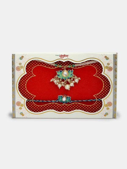 Anouk Unisex Set Of 2 Turquoise Blue Lotus Shape Kundan-Studded Handcrafted Rakhi Set