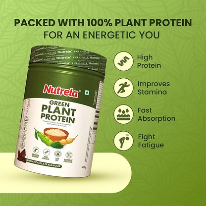 Patanjali Nutrela Green Plant Protein Ayurvedic powder in chocolate flavor, featuring a jar with green label and chocolate-themed packaging.