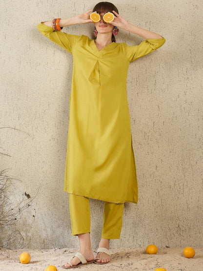 Indyancart IE Women Solid V-Neck Top and Trousers Co-Ords