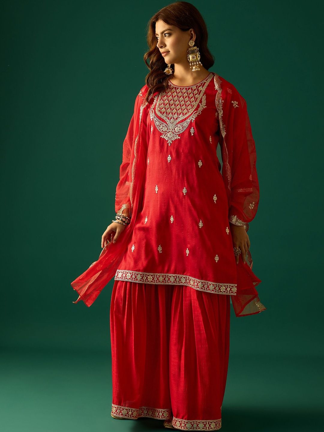 Indyancart VA Ethnic Motifs Embroidered Zari Kurta With Sharara & Dupatta