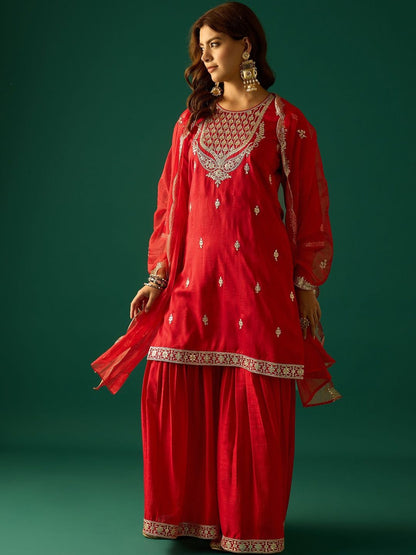 Indyancart VA Ethnic Motifs Embroidered Zari Kurta With Sharara & Dupatta