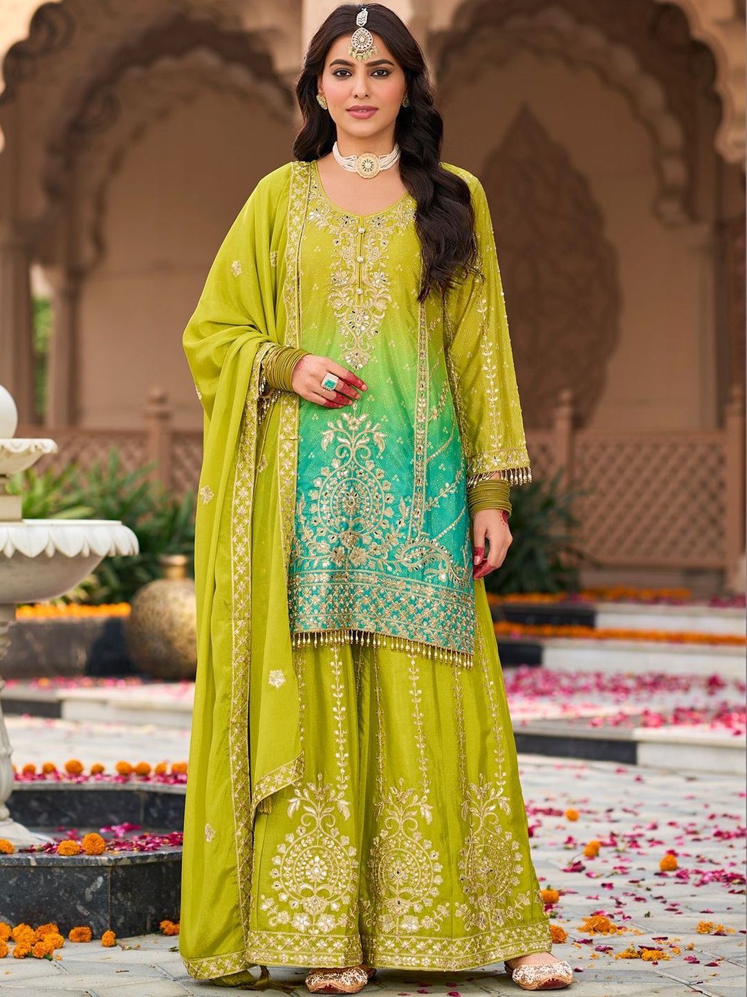 Indyancart IE Women Ombre Embroidered Regular Kurta with Sharara & With Dupatta