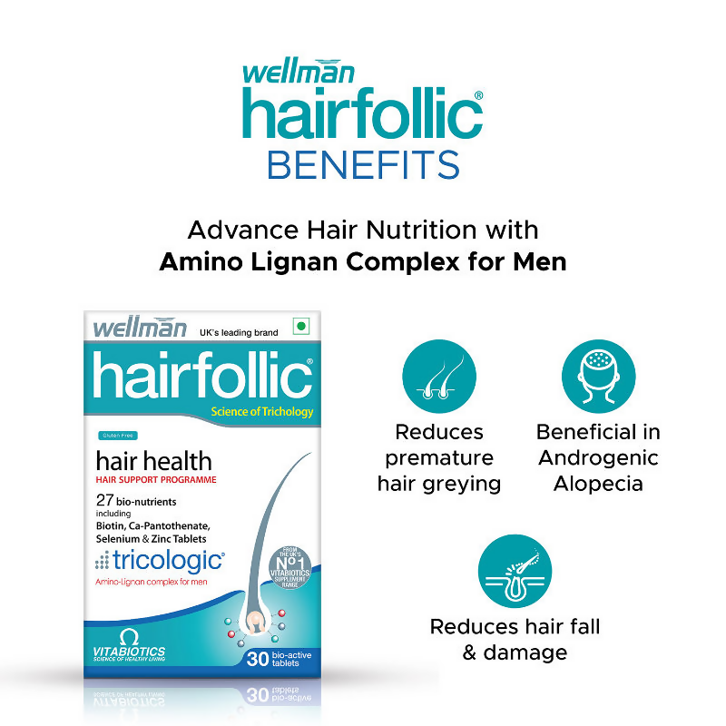 Wellman Hairfollic UK hair supplement tablets for men, featuring Tricologic formula with 30 vitamins and minerals, in a bottle.