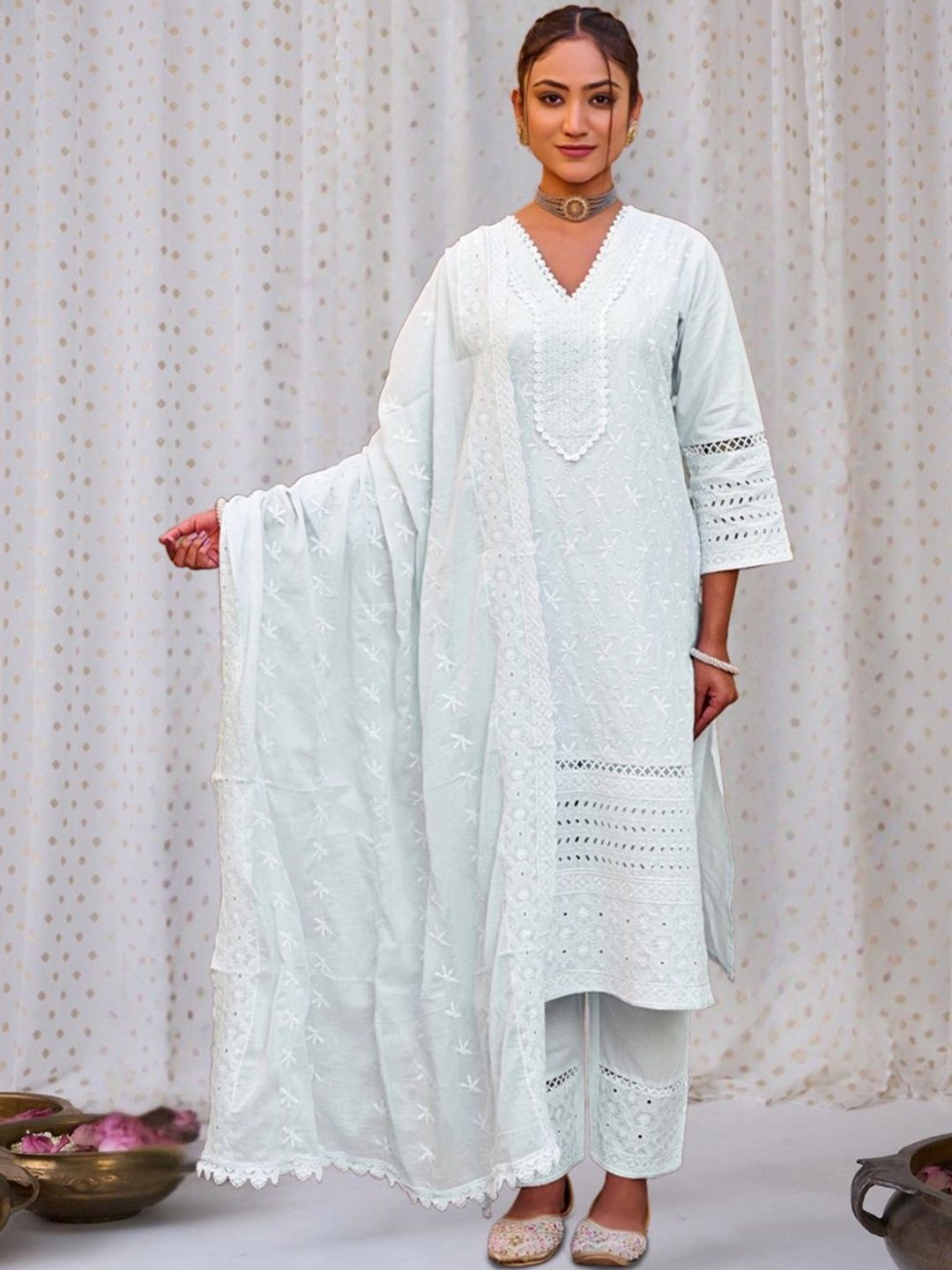 Women Ethnic Motifs Embroidered Regular Chikankari Pure Cotton Kurta with Trousers & With Dupatta