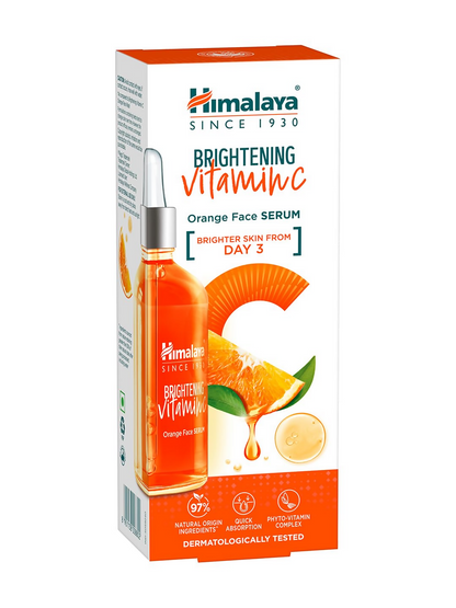 Himalaya Brightening Vitamin C Serum in a clear glass bottle with a dropper, showcasing the skincare product for radiance and skin health.