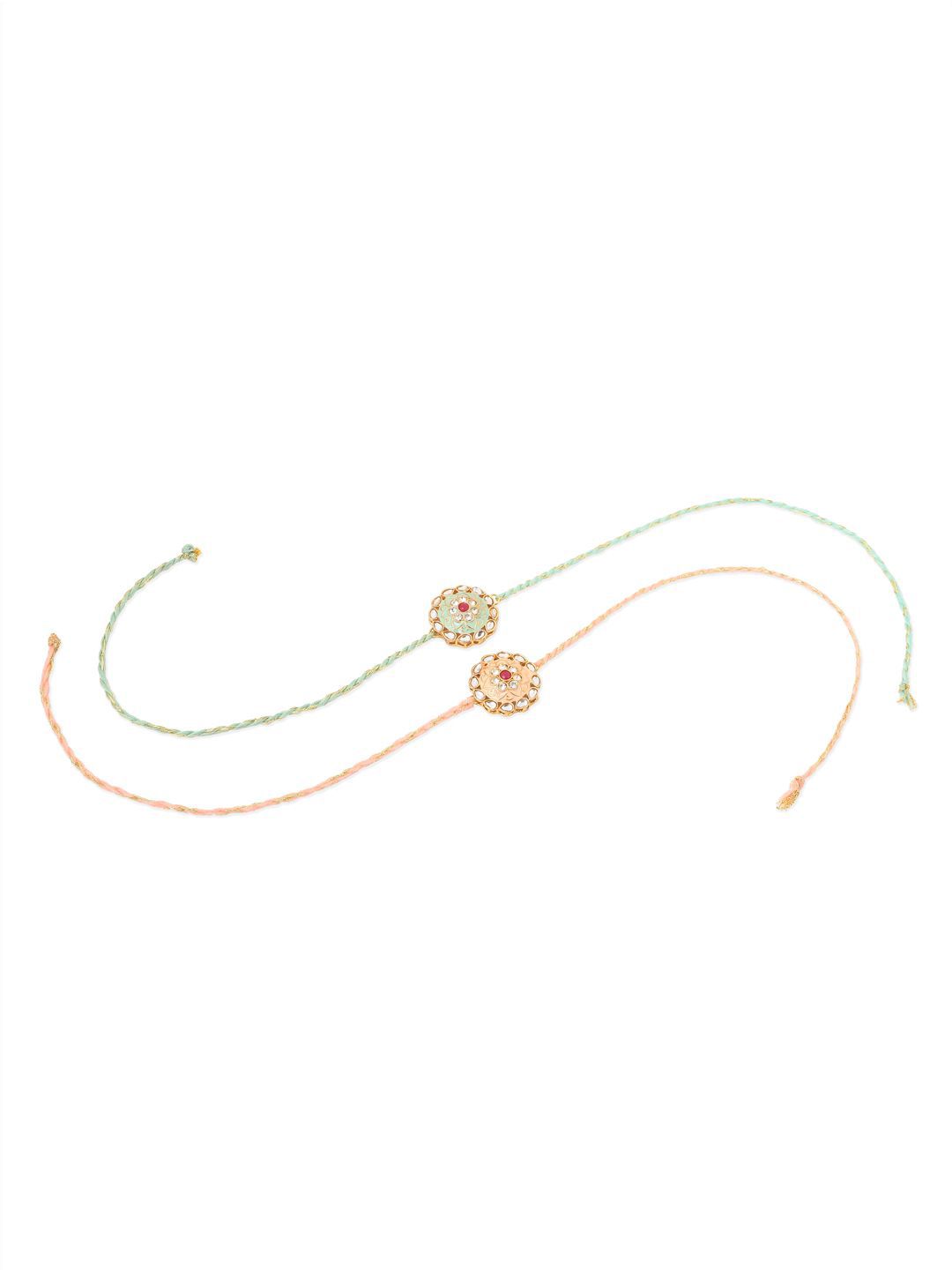 Anouk Men Set Of 2 Peach & Green Kundan Studded Round Floral Design Rakhi With Roli Chawal