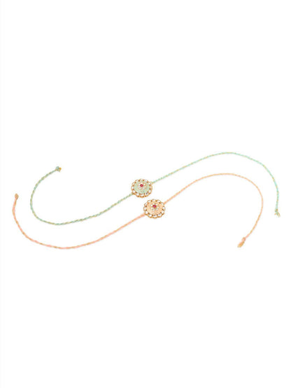Anouk Men Set Of 2 Peach & Green Kundan Studded Round Floral Design Rakhi With Roli Chawal