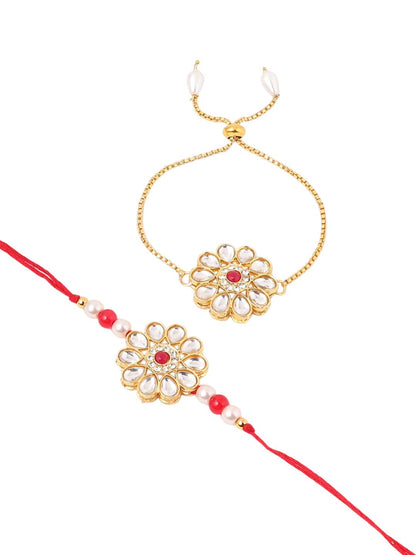 Anouk Set Of 2 Gold Toned Kundan Floral Design Bhaiya Bhabhi Rakhi Set With Roli Chawal