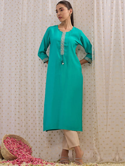 Indyancart IE Blue Floral Embroidered Chanderi Silk Straight Kurta