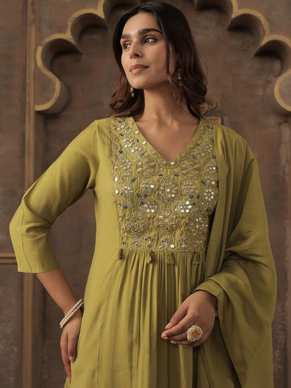 Women Green Silk Blend Ethnic Motifs Empire Mirror Work Kurta Trousers & Dupatta