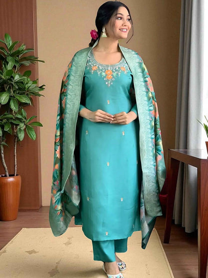 Indyancart SN Women's Floral Embroidered Thread Work Straight Kurta With Trouser And Dupatta