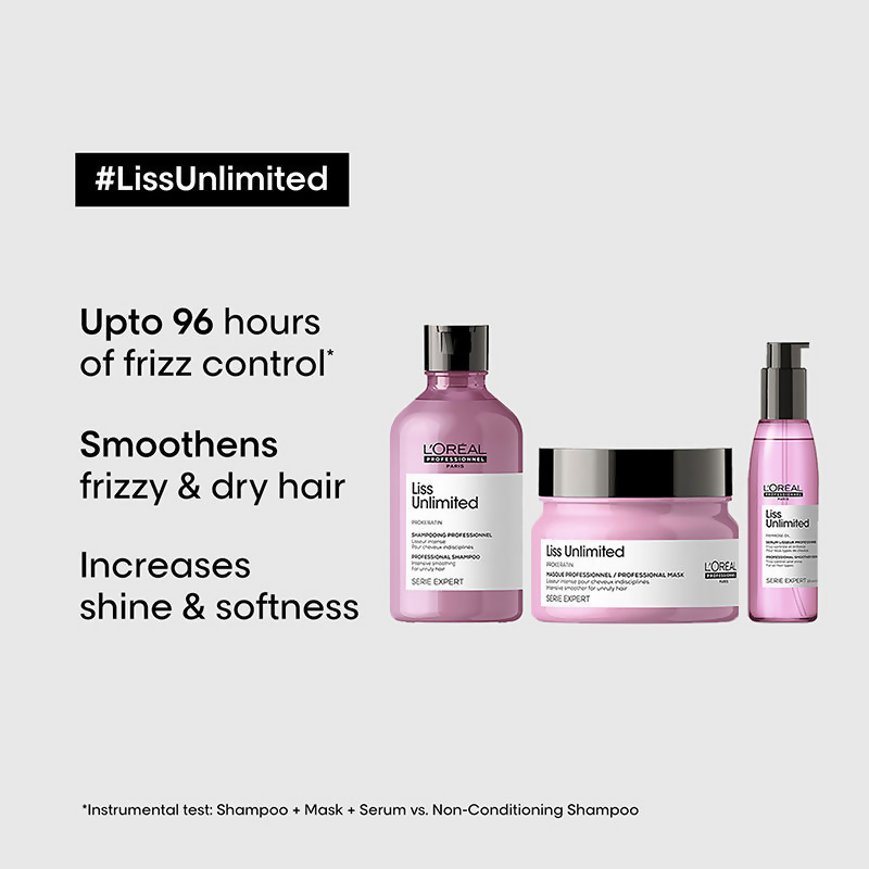 L'Oreal Paris Serie Expert Liss Unlimited hair mask, shampoo, and serum for smooth, frizz-free hair, visible in the image.