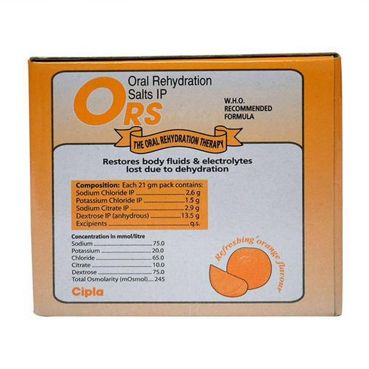 Cipla Ors Prolyte sachet with orange flavor, oral rehydration salt packet for rehydration and electrolyte replenishment.