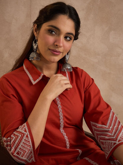 Geometric Embroidered A-Line Thread Work Pure Cotton Kurta With Palazzos