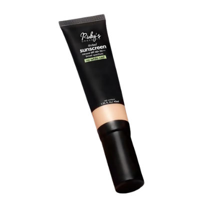 Ruby's Organics tinted mineral sunscreen SPF 40 PA+++ with a smooth, tinted formula in a tube, offering sun protection and skin enhancement.