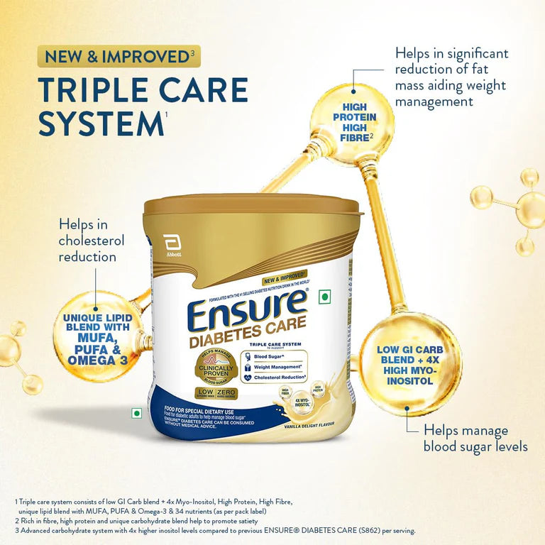 Ensure Diabetes Care Powder vanilla flavor health drink in a container with a scoop, designed for sugar-free diabetic nutrition.