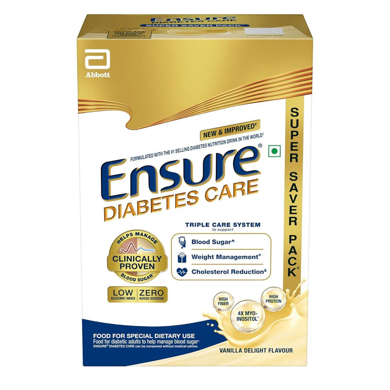 Ensure Diabetes Care Powder vanilla flavor health drink in a container, highlighting sugar-free formula for diabetes management.