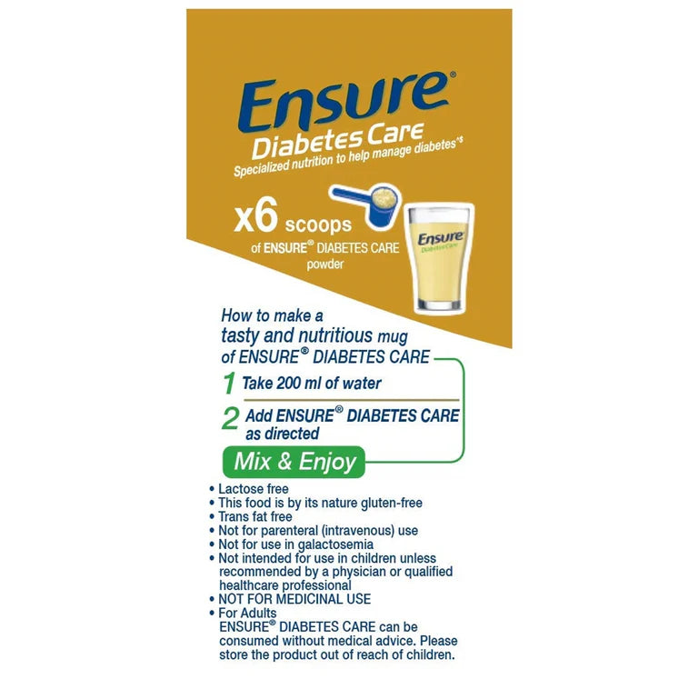 Ensure Diabetes Care vanilla-flavored sugar-free powder for health drinks, showing the packaging and dosage scoop.