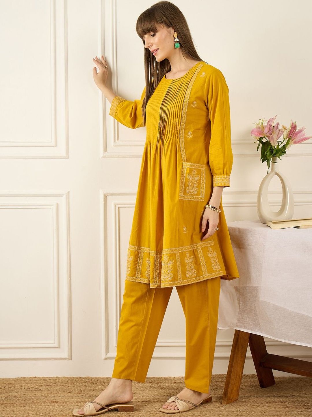 Flral Embroidered Pleated Thread Work Pure Cotton A-Line Kurta With Trousers