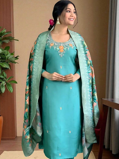 Indyancart SN Women's Floral Embroidered Thread Work Straight Kurta With Trouser And Dupatta
