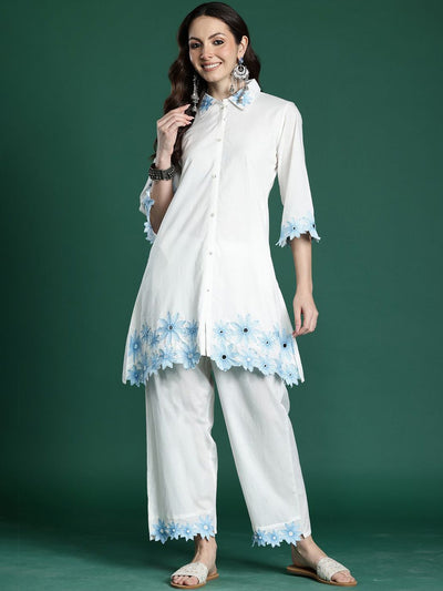 Indyancart IE Embroidered Pure Cotton Shirt Collar Tunic With Trousers Co-Ords